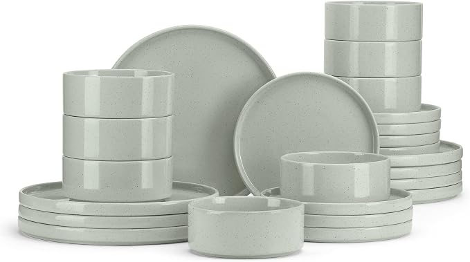 E-far Dinnerware Sets for 8, 24-Piece Stoneware Plates and Bowls Set, Green | Modern Kitchen Dining Dishware, Chip and Scratch Resistant, Microwave & Dishwasher Safe, Speckled Green