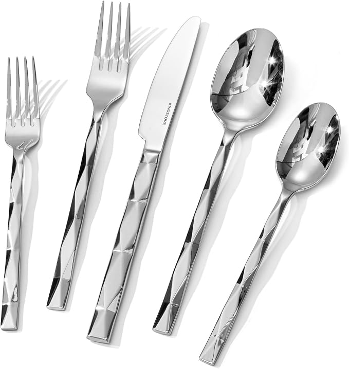 5 Piece 18/10 Silverware Set, Stainless Steel Flatware Cutlery set for 1 | KINGSTONE Luxury Silverware with Diamond Cut Pattern, Mirror Polished Utensils for Kitchen, Wedding, Party, Dishwasher Safe