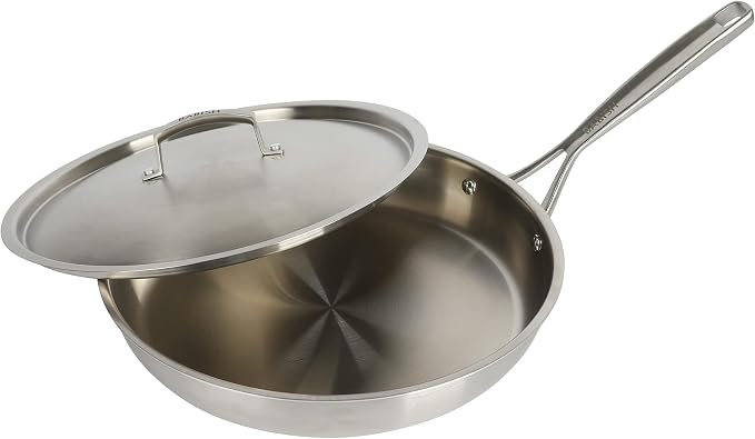 Babish 12-Inch Tri-Ply Stainless Steel Frying Pan with Lid – Professional Grade Skillet for Searing, Sautéing & Even Heat Cooking