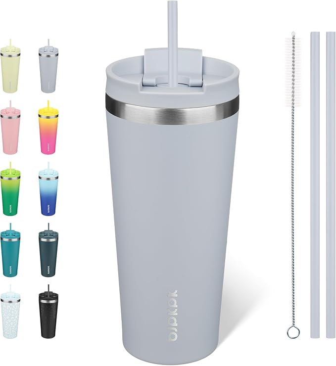 BJPKPK 22 oz Coffee Tumbler with Straw, Insulated Stainless Steel Cup | Double Wall Vacuum, Leak Proof Lid, Keeps Hot/Cold/Iced, BPA Free, Dishwasher Safe, Cupholder Friendly, Travel, Modern Blue