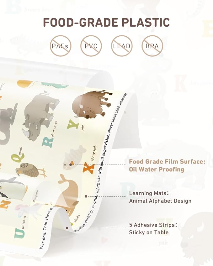 Babebay Disposable Stick-on Placemats 60 Pack for Baby & Kids & Toddler, Sticky Placemats Restaurant Table Mats 12" x 18" (Animal Alphabet)