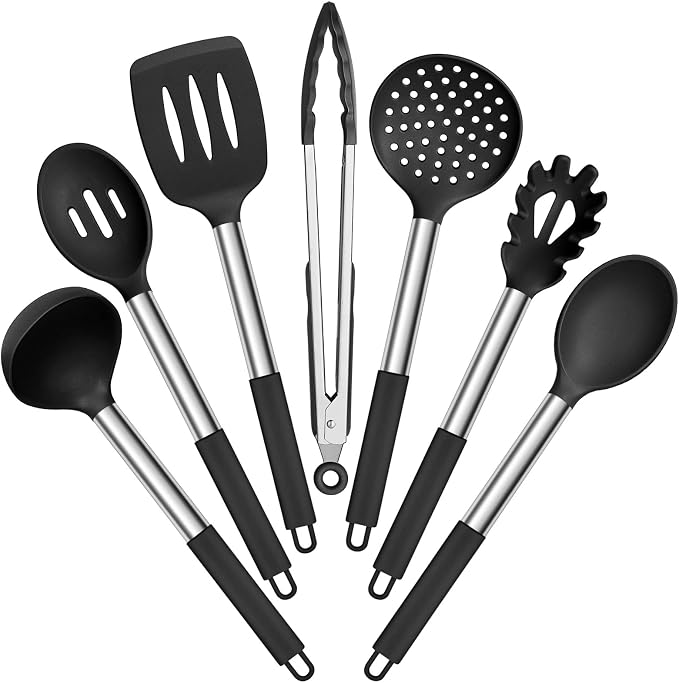 E-far Silicone Cooking Utensils Set, 7-Piece Black Kitchen Utensils Set | Heat Resistant Nonstick Cookware with Stainless Steel Handle, Slotted Turner, Spoon, Soup Ladle, Pasta Server, Skimmer, Tongs