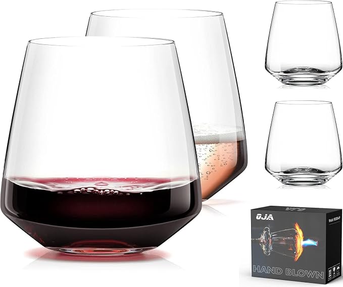 OJA Wine Glasses Set, Crystal Stemless Red Wine Glass, Set of 4, 13.5 oz | Dishwasher Safe, Red White Wine glass, Hand Blown, Unique Gifts for Him Her for Birthday, Wedding, Christmas, Anniversary