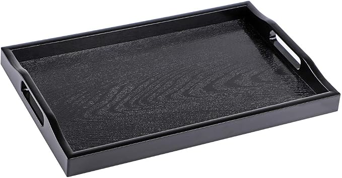 MDLUU Plastic Serving Tray, Ottoman Tray with Cutout Handles, Rectangle Butler Tray for Breakfast in Bed, Coffee Table Decor, Party (Black)