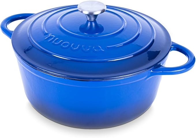 Nuovva Enamelled Cast Iron Dutch Oven Pot with Lid-6.4 Quart Non Stick Casserole Pot-Heavy Duty & Oven Safe up to 500° F for Bread Baking, Braising, Stews, Roasting - 28cm Dark Blue