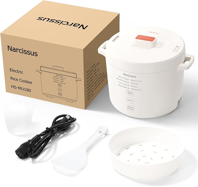 Narcissus Rice Cooker with Removable PFAS-Free Nonstick Pot, 3.5-Cup Capacity for 1-3 People, Multifunctional for Rice, Oatmeal, Quinoa, Slow Cook, Steam, Can Steam & Cook Simultaneously, Rice White