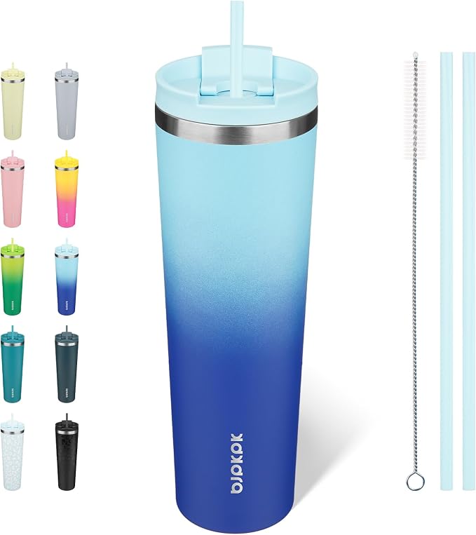 BJPKPK 34oz Coffee Tumbler with Straw, Insulated Stainless Steel Cup | Double Wall Vacuum, Leak Proof Lid, Keeps Hot/Cold/Iced, BPA Free, Dishwasher Safe, Travel & Outdoor, Sky