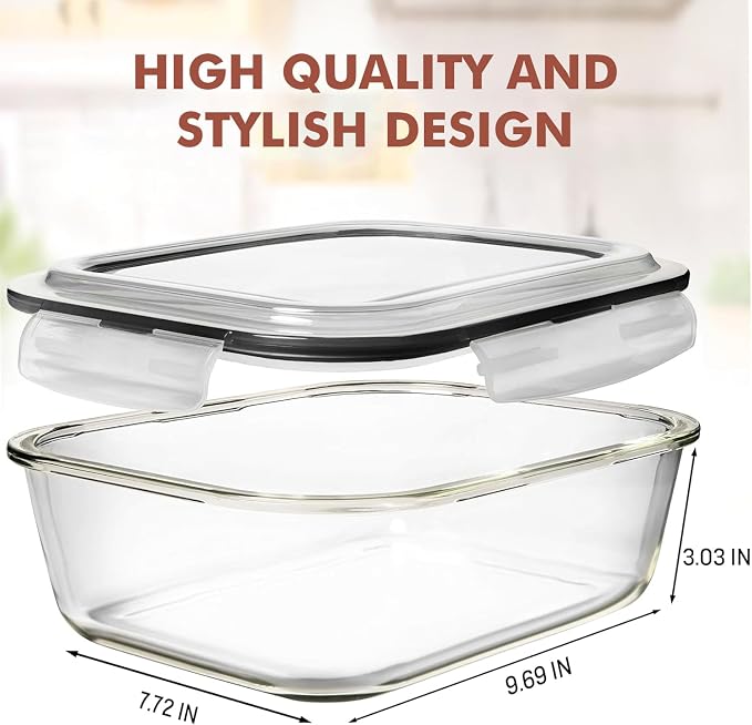 Razab 10 Cups/ 80 Oz 4 Pc (Set of 2) Glass Food Storage Containers with Airtight Locking Lids For Storing & Serving Food. BPA Free & Leak Proof - Microwave, Dishwasher, Fridge, Freezer, Oven Safe