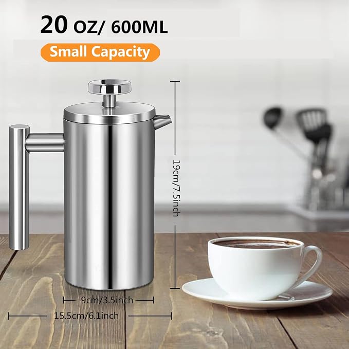 French Press Coffee Maker, 600ml/20oz Silver Stainless Steel Coffee Press, Double-Wall Insulated, Food Grade & Rust-Free, Included 2 Extra Filters, Dishwasher Safe
