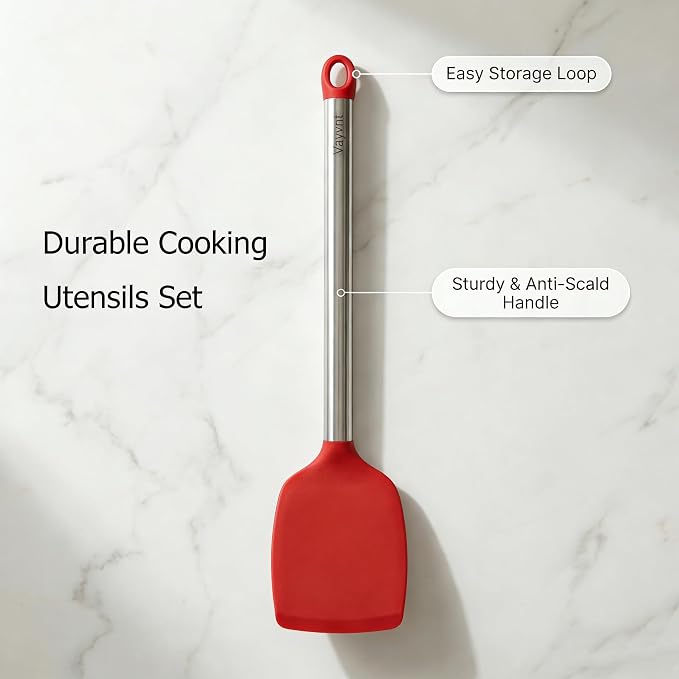 Vayvnt 4 Pieces Kitchen Spatula Set, Heat Resistant Silicone Utensils, Red | Large Size Kitchen Tools, For Nonstick Cookware, Spoons and Turners, Stainless Steel Handle, Easy Cleaning, Dishwasher Safe