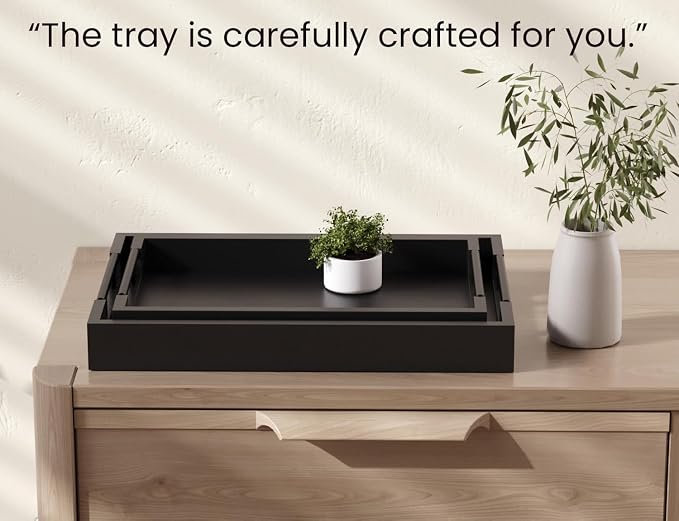 Fibogollo Set of 2 Bamboo Serving Trays with Metal Handles(Black) | Ottoman Decorative Trays Platter for Coffee Table,Living Room,Bar,Party,Holiday Hosting and Outdoor Entertaining