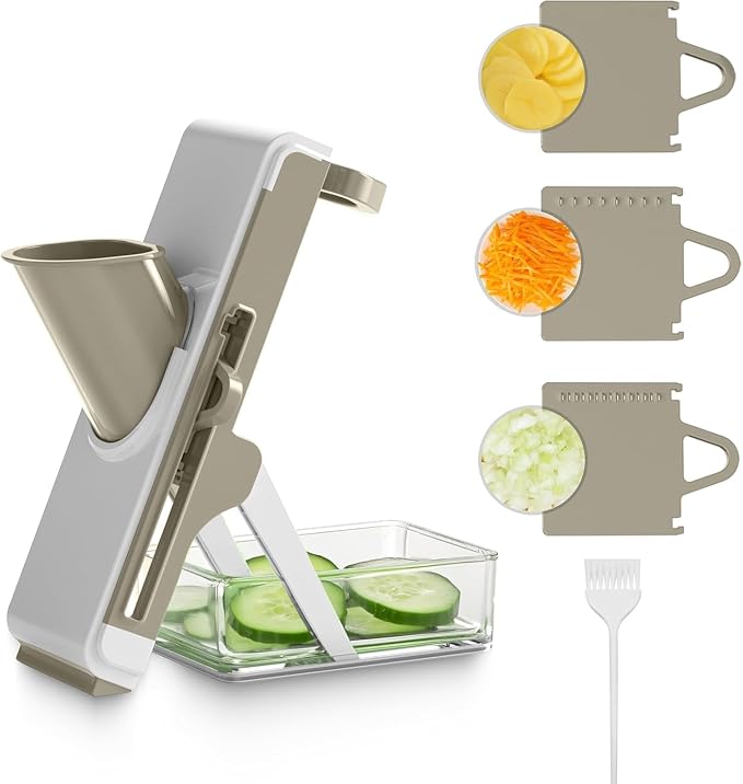 Eletronova Safe Mandoline Slicer for Kitchen, Vegetable Slicer with Container, French Fry Cutter, All in 1 Julienne Slicer for Potato, Thickness Adjustable, Detachable Blade (White Light Gray)