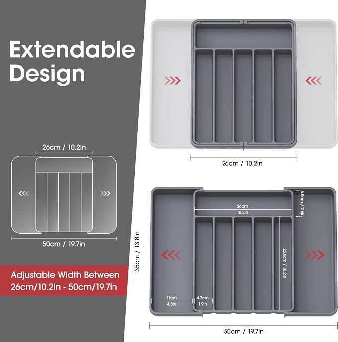Aujen Silverware Drawer Organizer, Adjustable Utensil Cutlery Tray | Expandable Kitchen Organizer for Forks Knives, Multipurpose Kitchen Storage, Apartment Essentials, Grey, Large