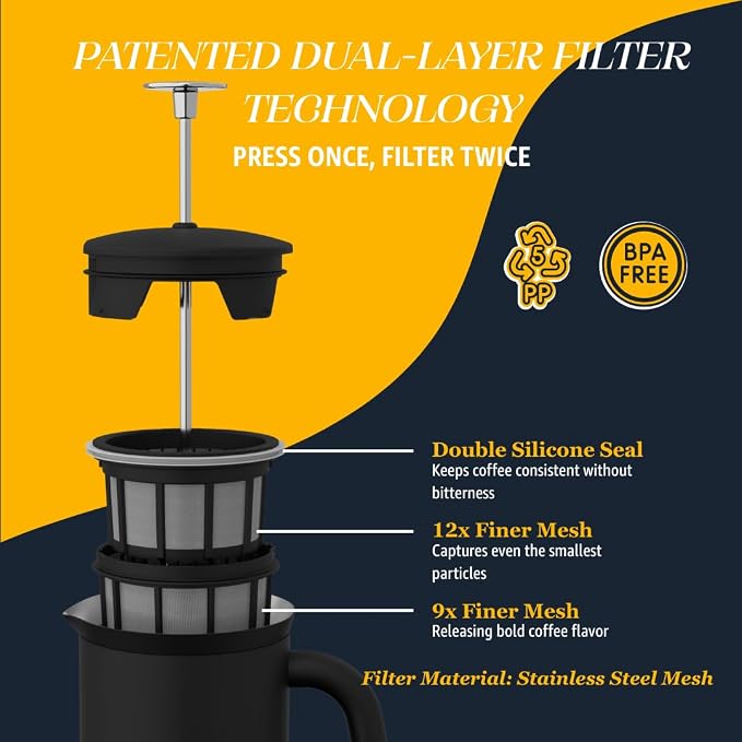 ESPRO P7 French Press, 18oz, Matte Black, Stainless Steel Coffee Maker | Double Filter Coffee Press, Grit-Free Coffee, Heat Resistant Insulated tea Press, Easy Hot and Cold Coffee Brewer, Tea Brewer