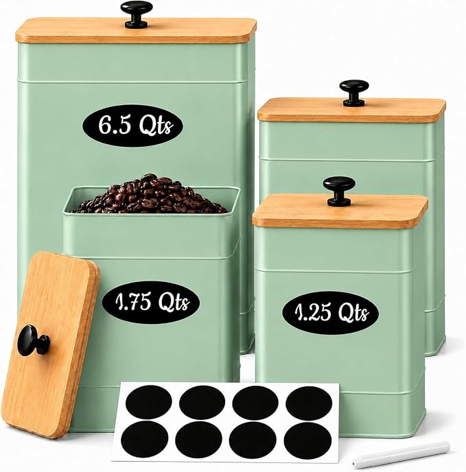 Kitchen Canister Set of 4, Sage Green Airtight Metal Flour Sugar Containers | Flat Bamboo Lids, Reusable Labels & Marker, Wide Openings, Coffee Tea Containers, Kitchen Countertop and Pantry Organized