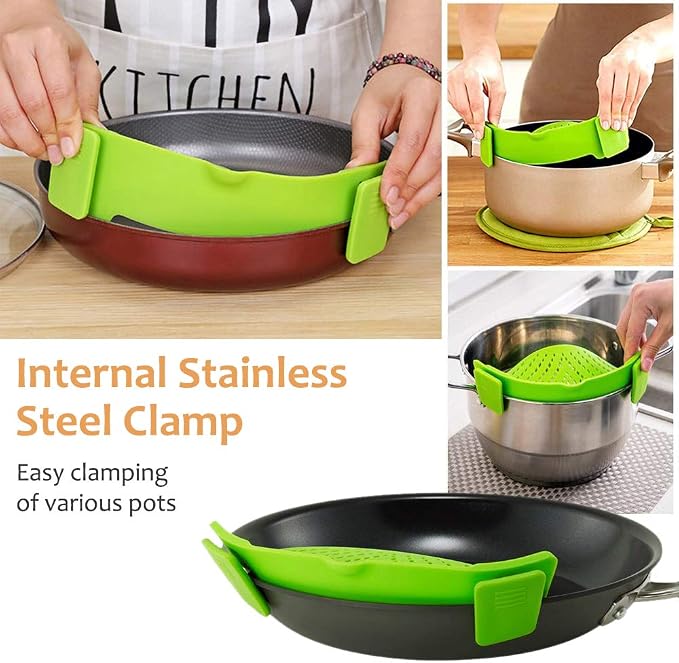 YEVIOR Clip on Strainer for Pots Pan Pasta,Silicone Food Pan Strainer | Food-grade BPA-free,Kitchen Food Strainer for Spaghetti, Pasta,Vegetable Fruits Fits All Bowls and Pots (Green)
