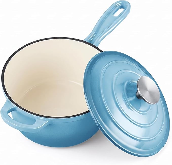 Homikit Small Cast Iron Pot, 1 QT Enameled Cast Iron Sauce Pan with Lid, Heavy Duty Enamel Dutch Oven Kitchen Cookware for Making Pasta, Boiling Soup, Warming Milk, Nonstick & Oven Safe, Sky Blue