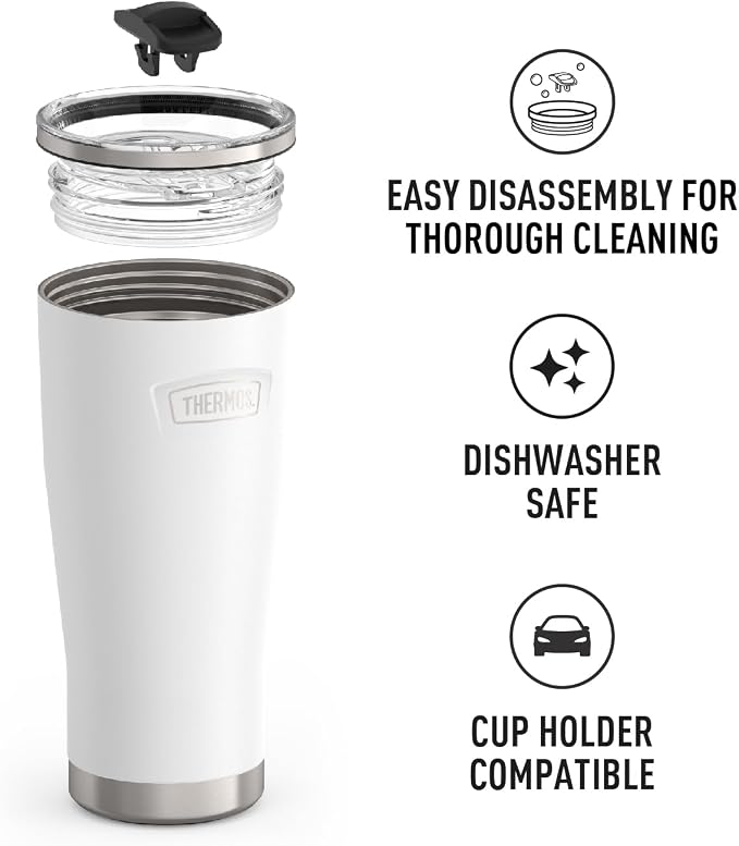 THERMOS Icon Series 24oz Stainless Steel Tumbler with Slide Lock Lid, Leakproof, Fits Cupholder, Dishwasher Safe, Griptec™ Non‑Slip Base, Keeps Drinks Hot 6 Hrs/Cold 22 Hrs, Snow