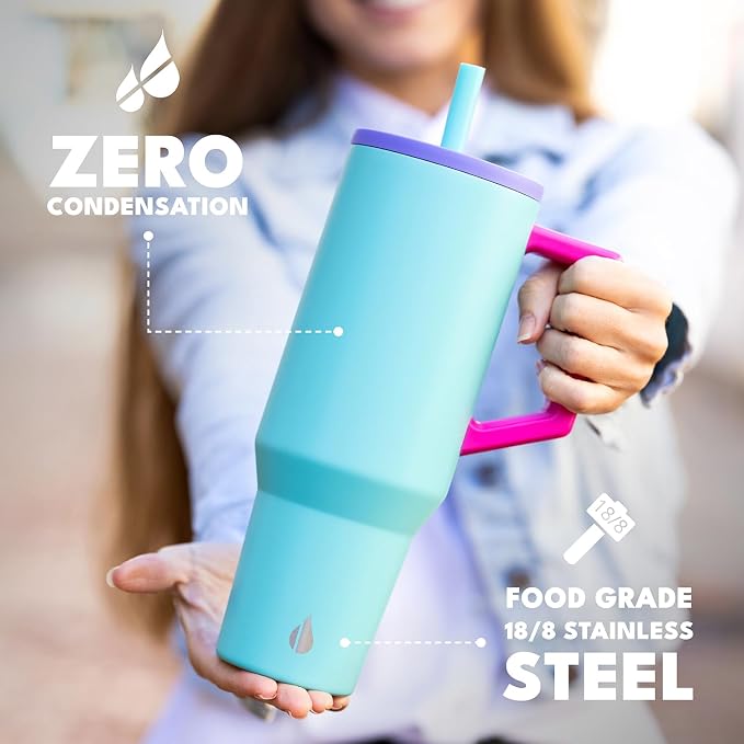Elemental Spill Proof 40oz Insulated Tumbler with Handle & Straw Travel Mug | Stainless Steel Commuter Travel Coffee Mug for Cold Beverages, Includes 2 Straws & a Spill Proof Lid for Everyday Use