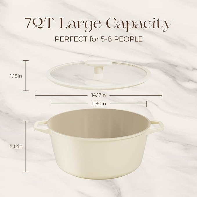 PRICUSIS Ceramic Nonstick Stock Pot with Silicone Rim Glass Lid, 4.5/7 QT Soup Pot Casserole, Cooking Pot, Induction Compatible, Dishwasher & Oven Safe, Ideal for Pasta, Bake & Stews, Coconut White