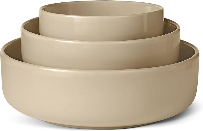 Amazon Basics Glazed Stoneware Serving Bowls, 3-Piece Set, Dishwasher-Safe, Microwave and Freezer-Safe, Nest for Space-Saving, Linen Gray
