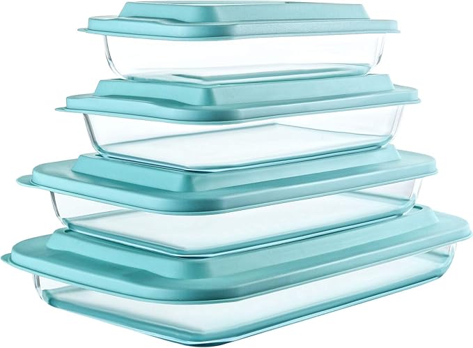 M MCIRCO 8 Piece Deep Glass Baking Dish with Lids, BPA free, Green | Rectangular Glass Bakeware Set, Baking Pans for Lasagna, Casserole Dishes, Microwave, Oven, Freezer, Dishwasher