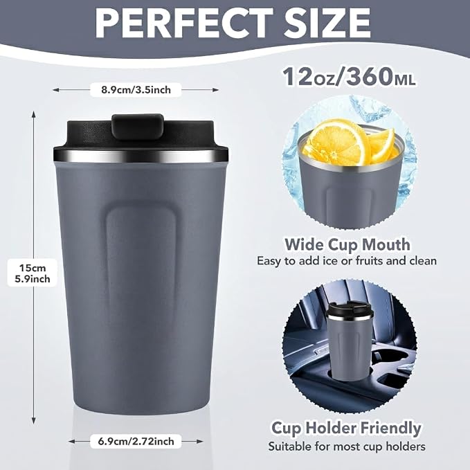 Volhoply 12 oz Double Wall Insulated Vacuum Travel Coffee Mugs with Flip Lid Bulk 2 Pack,Reusable Stainless Steel Leak Proof Coffee Cup,Portable Cafe Thermal Tumbler for Hot & Cold Drinks(Gray,2 Set)