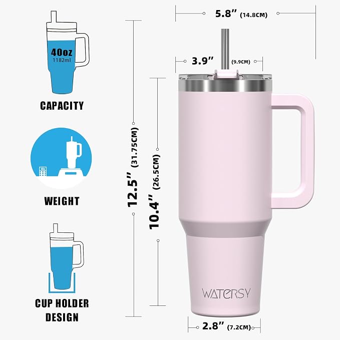40 oz Tumbler with Handle,Tumbler with Lid and Straw,Double Wall Insulated Cup Stainless Steel Travel Mug(Cold for 34 Hours),Water Bottle for Iced Tea,Coffee,Cold Beverages(Rose Quartz)
