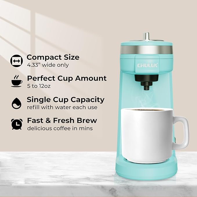 CHULUX Mini Coffee Maker for K Capsule, Single Serve Coffee Maker for One Cup Americano, Lightweight Pod Coffee Machine, Aqua | Fast-Heating Boiler System, Single Cup Brewing, Portable Compact Design, Four-Hole Multi-Stream Needle, Adjustable Drip Tray
