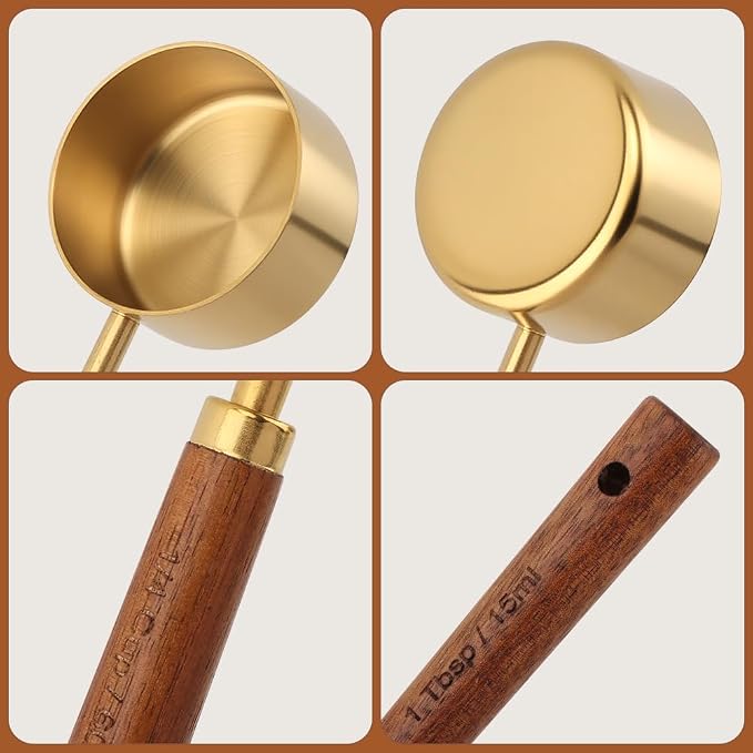 8Pcs Gold Measuring Cups and Spoons Set, Golden Stainless Steel Measuring Cups with Wooden Handle and 4 Measuring Spoons Set for Kitchen Baking Cooking