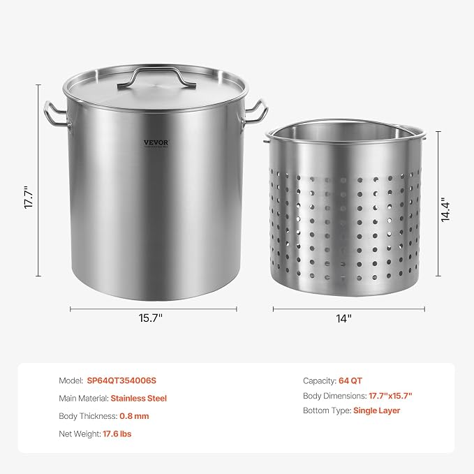 VEVOR Stainless Steel Stockpot, 64 Quart Large Cooking Pots, Cookware Sauce Pot with Basket, Lid, and Handle, Heavy Duty Commercial Grade Stock Pot, Sanding Treatment, for Large Groups Events Silver