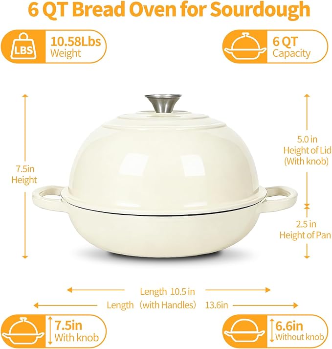6QT Enameled Cast Iron Dutch Oven For Sourdough Bread Baking | Dutch Oven Pot With Lid,Non-stick Sourdough Baking Pan with Bread Dome,Round Ceramic Dutch Oven Pot for Homemade