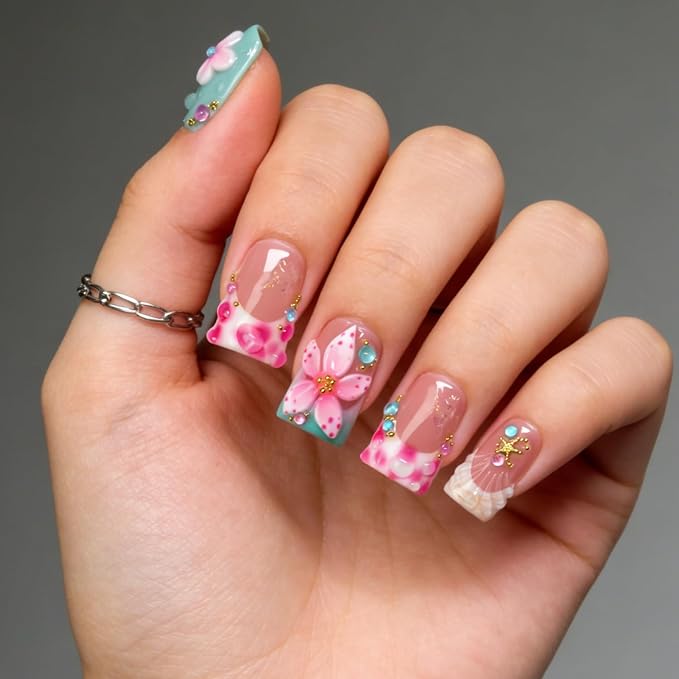 10 Pcs Handmade Press on Nails Duckbill Shape 3D Luxury Flower Acrylic Nails Summer Handmade Starfish Water Droplet Designs Short Fake Nails Thickened False Nail for Women (M)