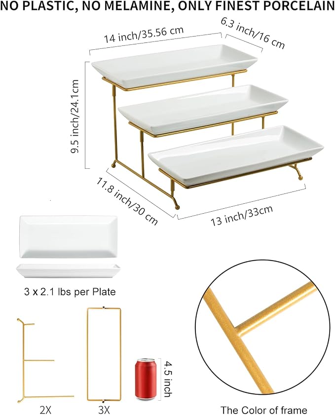 LAUCHUH Large 3 Tier Serving Stand Porcelain Tiered Serving Trays for Party | 14 Inch Serving Trays & Platters with Collapsible Sturdier Rack Dessert Party Display Set for Fruit Cupcake Snack Salad, Gold