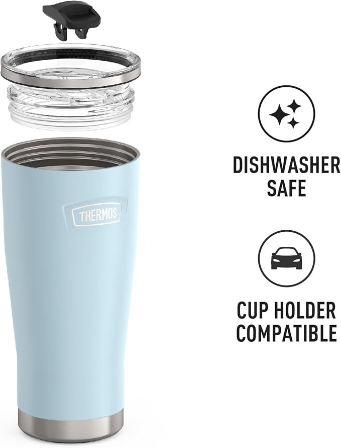 THERMOS Icon Series 24oz Stainless Steel Tumbler with Slide Lock Lid, Leakproof, Fits Cupholder, Dishwasher Safe, Griptec™ Non‑Slip Base, Keeps Drinks Hot 6 Hrs/Cold 22 Hrs, Glacier