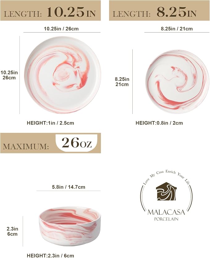 MALACASA 12 Pcs Porcelain Plates and Bowls Sets,Dinnerware Set for 4,Pink | Modern Ceramic Dishware Set,Kitchen Dining Ware,Microwave and Dishwasher Safe,Unique Marble Pink Design,Series LUNA