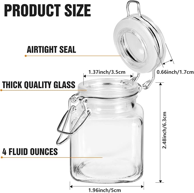 SPANLA Spice Jars, 12 Pack 4oz Small Glass Jars with Airtight Hinged Lid, With 12 Spice Labels & Silicone Funnels, Airtight Glass Jars for Spices, Art Craft Storage (12 Pack)