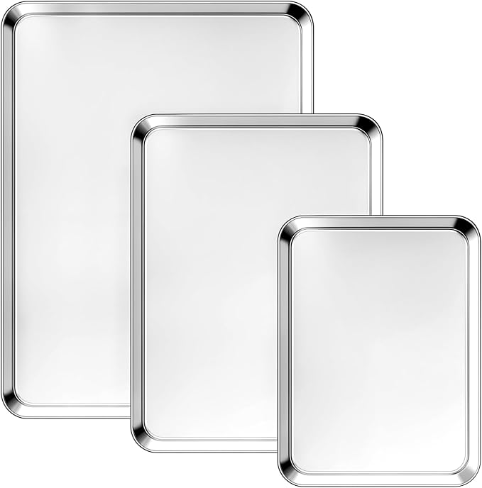 Ohtomber 3 Pack Heavy Duty Stainless Steel Baking Sheet Set, 9/12/16 Inch | Heavy Duty, Cookie Sheet Pans for Baking Roasting Oven Baking, Oven Safe, Sturdy Kitchen Bakeware Trays