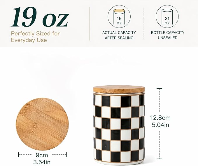 1 Piece Ceramic Coffee Canister, Airtight Coffee Container with Lid for Kitchen Storage (12.8x9cm, Black Checkered)