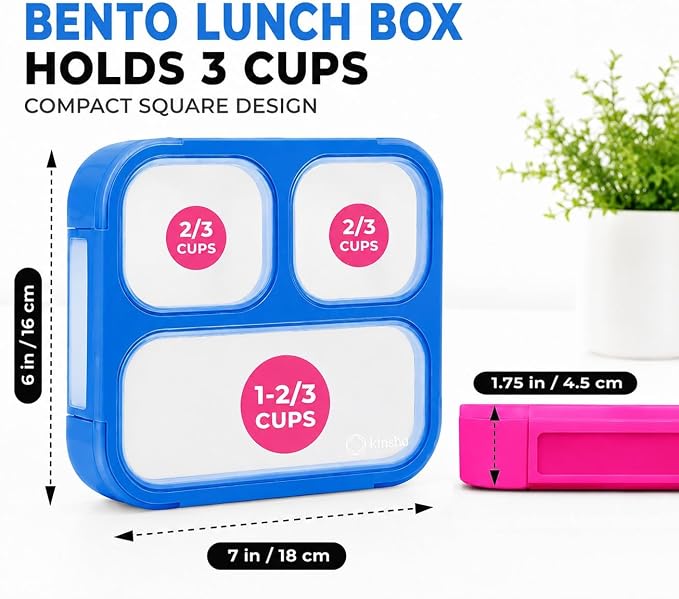 kinsho Bento Box for Kids, Toddler Lunch Boxes for Small Boys Girls in School Daycare, Leak Proof 3 Compartment Containers for Portion Control Snacks for Adults, BPA Free. Medium Blue Pink 2 Pack