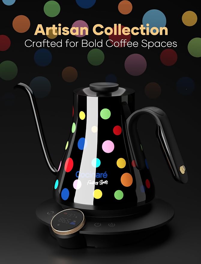 Cocinare Artisan Collection Gooseneck Electric Kettle, ±0.5°F Temperature Control for Pour Over Coffee & Tea, 1500W Fast Heating, Stainless Steel Interior, 0.9L, Confetti Design
