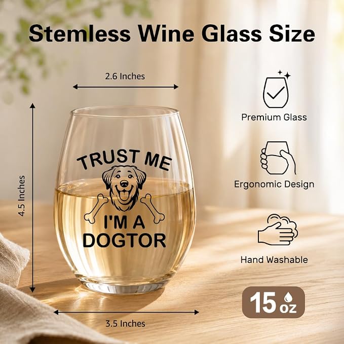 Trust Me I’m a Dogtor Stemless Wine Glass, Cute Puppy Graphic Wine Glass, Veterinary Pun Drinking Glasses for Women Men, Christmas Birthday Gifts for Dog Lover, 15oz Crystal Clear Glassware