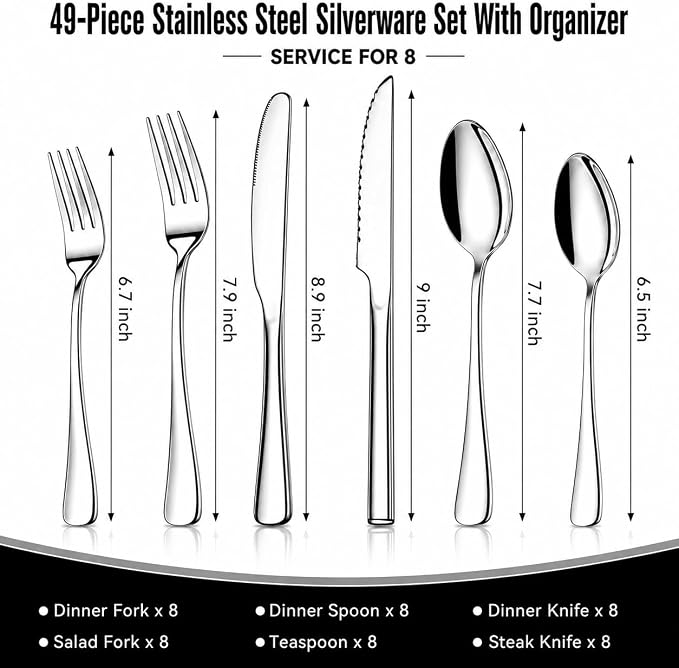 49-Piece Stainless Steel Silverware Set with Cutlery Organizer, Service for 8 with Steak Knives and Kitchen Utensils