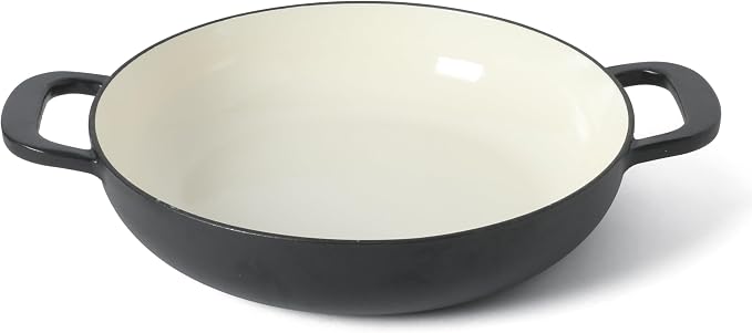 Martha Stewart Gatwick Enameled Cast Iron Braiser with Lid, 3.5-Quart Braiser Pan for Stovetop & Oven, Cast Iron Braising Pan with Gold Knob, Matte Black