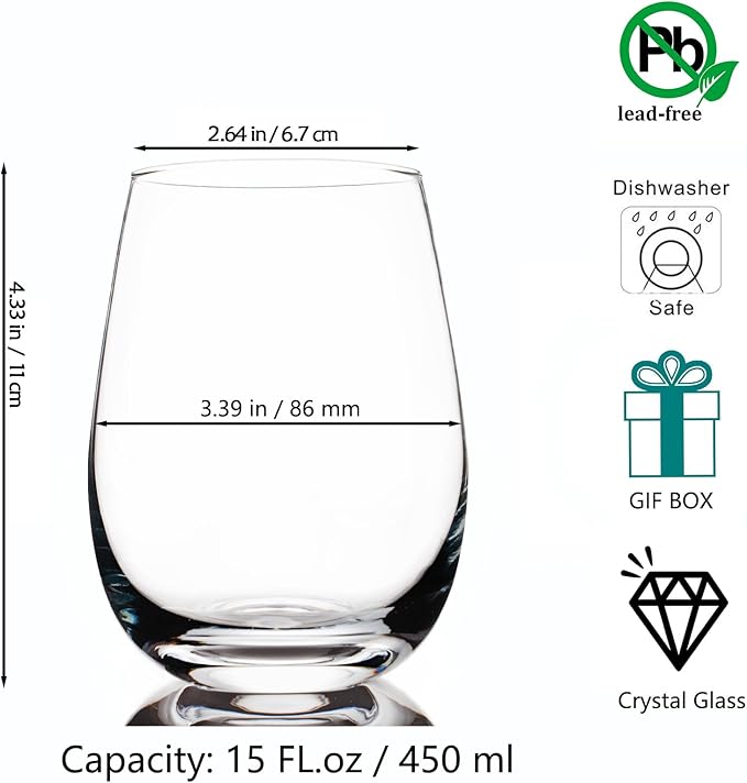 Premium Stemless Wine Glasses Set of 6, 15 oz All-Purpose Beverage Glasses | Lead-Free Crystal Glasses for Red & White Wine, Clear Drinking Glasses for Water, Juice, Cocktails, Gift Box, Dishwasher Safe