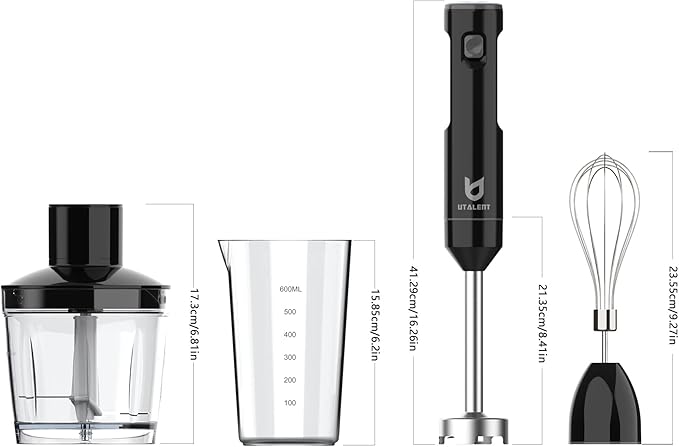 UTALENT Cordless Hand Blender with Chopper for Smoothies, Baby Food & Soups | Variable speed immersion blender, Brushless Motor, USB-C rechargeable, Long-lasting, 500ml chopper, 600ml vessel, Egg whisk