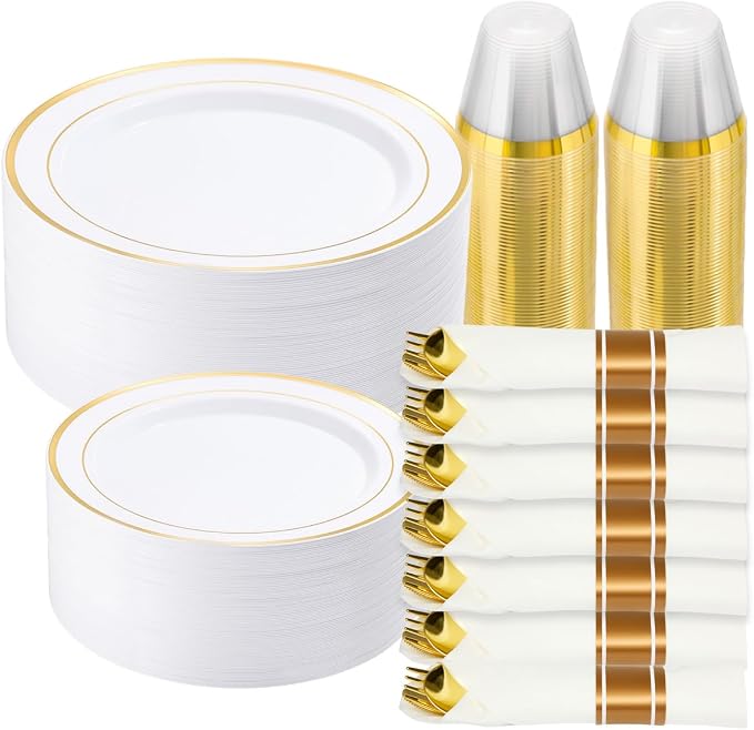 490 Piece Gold Plastic Dinnerware Set for 70 Guests | Disposable Dinnerware Includes: 70 Dinner Plates, 70 Dessert Plates, 70 Pre Rolled Napkins with Silverware, 70 Cups