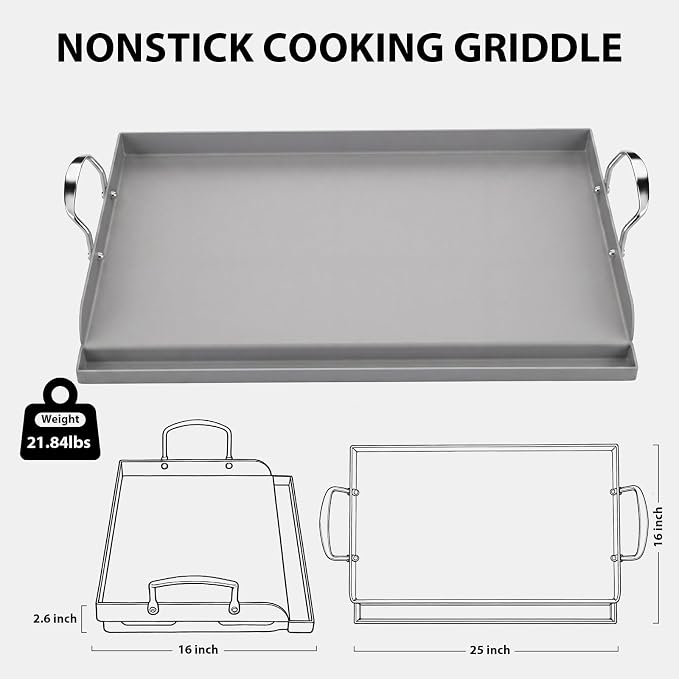 Utheer Cast Iron Griddle for Gas Grill, 25 x 16 Inch Flat Top Plate | Large cooking surface with removable handles, ideal for burgers, steaks, vegetables, camping and tailgating