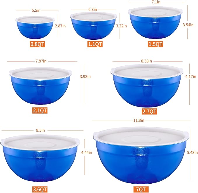 Blue Mixing Bowls With Airtight Lids,Stainless Steel Bowl,Salad Bowls 7 Piece Colorful Nesting Bowl Blue Kitchen Accessories,Size 7,3.6,2.7,2.1,1.5,1.1,0.8QT Stackable Design