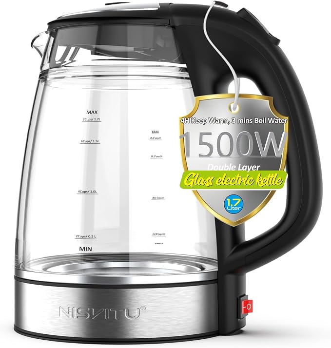 NISVITU 1.7L Dual Wall Cool Touch BPA-Free Electric Kettle, Black | Glass Inner+PC Outer, 1500W Fast Boil Cordless Hot Water Boiler Electric Tea Kettle, Auto Shut-Off+Keep Warm